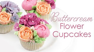 How to Pipe Buttercream Flower Bouquet Cupcakes  Roses Peonies amp Hydrangea Piping Techniques [upl. by Anehta]