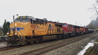 UP 8247 Leads a Tanker Train Through Troutdale Oregon w a UPCPBNSF Lashup 11521 [upl. by Anilad]