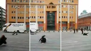 Powerful winds sweep people off their feet in the Netherlands [upl. by Nomael719]