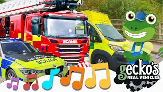 Emergency Vehicles Song｜NEW Kids Music｜Geckos Real Vehicles｜Police Ambulance Fire Truck For Kids [upl. by Horsey]