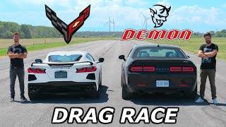 2020 C8 Corvette vs Dodge Demon  DRAG amp ROLL RACE [upl. by Ramilahs]