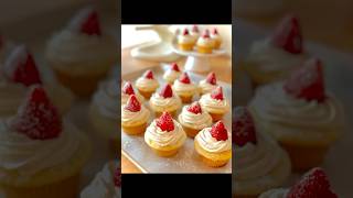 Vanilla cupcakes wvanilla buttercream amp pudding topped wstrawberries 🍓 cupcake baking dessert [upl. by Navada]