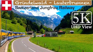 Grindelwald  Lauterbrunnen Train Journey Switzerland Summer  5K 4K UHD Video [upl. by Aleciram201]