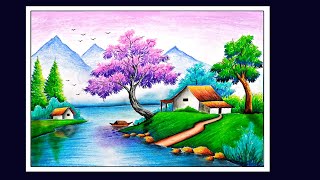 Oilpastel Scenery Drawing  Beautiful Scenery Drawing  Violet Tree Scenery Drawing [upl. by Erot767]