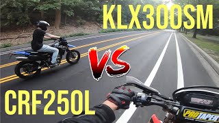 2021 KLX300SM vs CRF250L  Will they WHEELIE [upl. by Yalcrab]