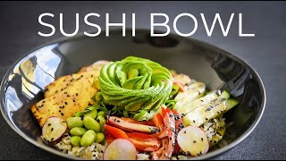 Vegetarian Sushi Buddha Bowl Recipe with Sesame Dressing Tofu  Avocado Rose [upl. by Aicilat]