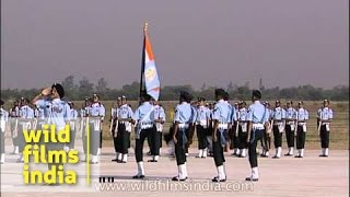 Indian Air Force IAF officers march with IAF flag [upl. by Ahsercul]