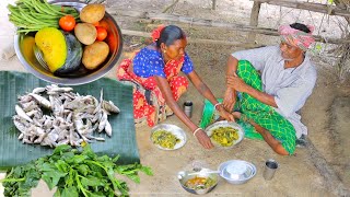 small fish curry with vegetables and pui shak cooking amp eating by our santali tribe old couple [upl. by Aidaas]