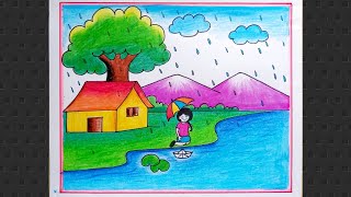 Rainy Season Drawing How To Draw Rainy Day Very Easy Step By Step Rainy season Scenery Drawing [upl. by Cud]