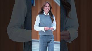 Kate sporting a grey sweater vest over a crisp white shirt paired w coordinating grey trousers [upl. by Michaelina631]