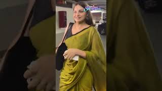 Himanshi Khurana Fashion  Himanshi Khuranas Airport Return Is A GreenSaree Glam Affair  N18S [upl. by Galven476]