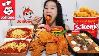 JOLLIBEE FAMILY FEAST IN AMERICA Spicy Chickenjoy Palabok Noodles Spaghetti Aloha Burger Mukbang [upl. by Magnolia]