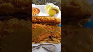 very nice fish and chips and curry sauce baked beans yummy 😋 bridge chippy at ramsbottom on 160324 [upl. by Ahsikit]