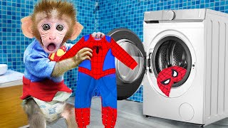 Baby Monkey Bon Bon washes superhero clothes  BONBON MONKEY STORIES [upl. by Noxaj]