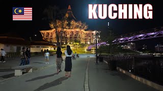 Kuching Malaysia walking tour nightlife on the waterfront Sarawak river [upl. by Noll]