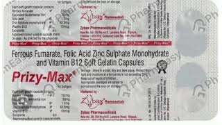 Prizy Max Tablets Ferrous Fumarate Folic Acid Zinc Sulphate and Vitamin B12 Soft Gelatin Capsules [upl. by Yeslek504]