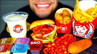 ASMR Wendy’s Mukbang Hot Cheetos Nuggets Cheeseburger Corn Dog Frosty Fries Jerry Eating Show [upl. by Ecnarolf560]