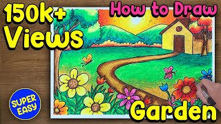 How to Draw Easy quotGARDENquot Scenery – Super Easy Step by Step Colouring Lesson [upl. by Leahkim]