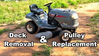 How To DIY Craftsman LT1000 Lawn Mower Deck Removal and Pulley Replacement [upl. by Amla]