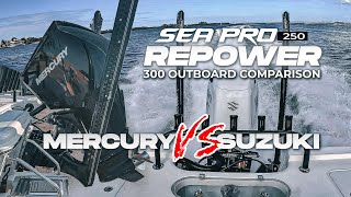 Mercury VS Suzuki 300 Sea Pro 250 Bay Boat Repower Outboard Engine Comparison Water Test and Results [upl. by Wiatt]