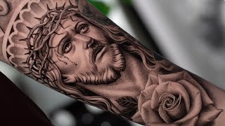 BLACK and GREY JESUS CHRIST TATTOO  TIMELAPSE Real Time Tattooing [upl. by Ailatan]