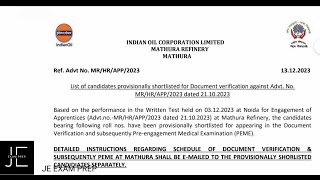 IOCL APPRENTICESHIP 2023 MATHURA REFINERY RESULT OUT [upl. by Sascha]