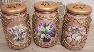 4 DIY decor  Recycled glass jarsDecoupage of Kitchen Cans [upl. by Atiuqehs815]