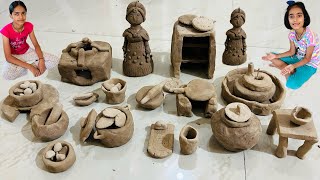 mitti ke khilaune kaise banate hain👌 mitti kahan se layen🤔 miniature clay kitchen set [upl. by Nalek]