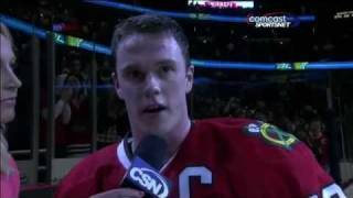 Jonathan Toews OT Goal vs Blues  Interview 040611 [upl. by Ylrebmi300]