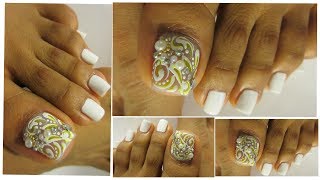 Uñas decoradas blancas de los pies facilesWhite design toe nail art [upl. by Sage]