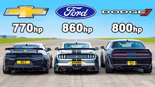 Ford Mustang v Chevy Camaro v Dodge Hellcat Redeye DRAG RACE [upl. by Cowles]