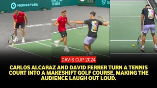 Davis Cup 2024 Highlights Carlos Alcaraz tries golf on tennis court with David Ferrer [upl. by Aicina]