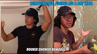 Rookie Bath Tub Remodel Part 1 Removing Shower Fiberglass amp Dry Walls [upl. by Dorthea311]