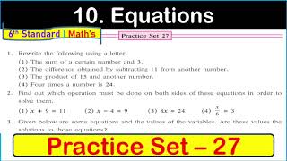 Practice set 27 class 6 maths  Chapter 10 Equations  Practice set 27 std 6 maths 6thmaths [upl. by Asillam181]