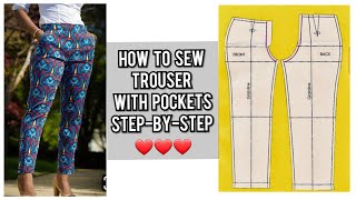 HOW TO CUT AND SEW A FEMALE TROUSER WITH POCKETS  PANT TUTORIAL  DIY [upl. by Oguh795]