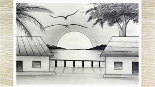 Sunset Landscape Drawing with pencil Pencil Drawing for Beginners step by step [upl. by Lerrad722]