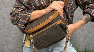 Распаковка сумки MICHAEL KORS Slater ExtraSmall Logo Sling Pack brownacorn [upl. by Reinal]