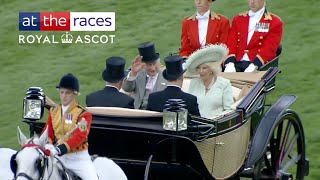 King Charles III waves to the Royal Ascot crowd from Royal Procession with Sir Mark Prescott [upl. by Enak413]