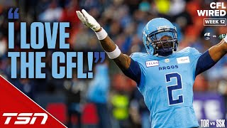 quotI LOVE THE CFLquot Tarvarus McFadden was hyped as the Argos win on a rouge  CFL Wired  Week 12 [upl. by Abbottson]