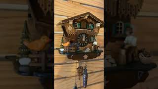 Quartz chalet cuckoo clock with Yellow Bird and wood chopper  THE CUCKOO HAUS  SINGAPORE [upl. by Canada]