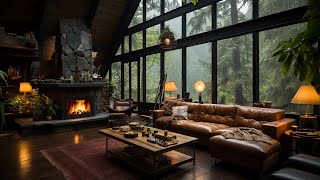 Jazz Relaxing Music  Rainy Day at Cozy House Inside Forest with Gentle Rain Fireplace Sounds 🌧️🔥 [upl. by Skilken32]