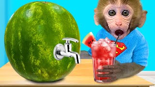 Monkey Baby Bon Bon makes watermelon smoothie and takes a bath with ducklings in the bathtub [upl. by Primrose]