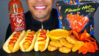 ASMR CHEESY HOT DOGS FLAMIN HOT DORITOS CHICKEN NUGGETS CHEESE SAUCE MUKBANG BIG BITES JERRY [upl. by Aenil]