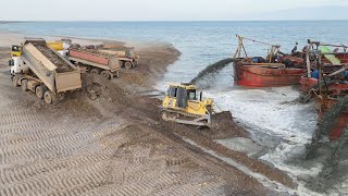 Powerful Komatsu Bulldozer Filling Sand to Building Beautiful Beach Bulldozer Construction TV [upl. by Iverson]