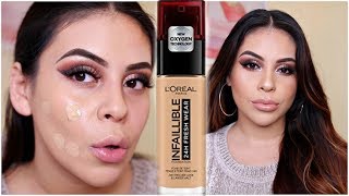 NEW LOREAL INFALLIBLE FRESH WEAR 24HR FOUNDATION FIRST IMPRESSION REVIEW amp DEMO  JuicyJas [upl. by Yeleek]