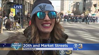 Villanova Championship Parade CBS3s Vittoria Woodill Trades Hats With Fan [upl. by Ibok]