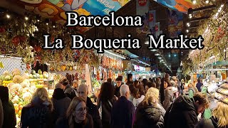 Barcelona La Boqueria street food Market drinks Meat Seafood juice fruit Barça Spain [upl. by Solohcin]