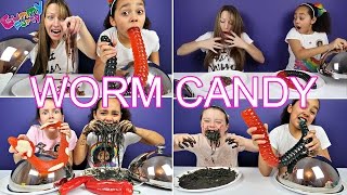 Toys AndMe  Giant Gummy Worm Candy Challenge VS Super Gross Real Food WARHEADS [upl. by Rey]