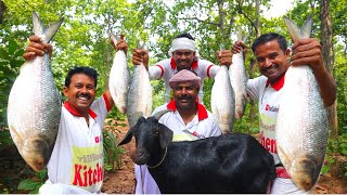 Bengali famous Hilsha fish amp Mutton curry recipe  Sorshe Ilish recipe cooking for village people [upl. by Asen341]