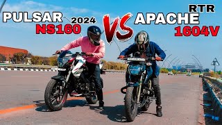 PULSAR NS160 2024 VS APACHE RTR160 4V🔥DRAG RACE 💥RACE TILL THEIR POTENTIAL 🥵 [upl. by Nitram]